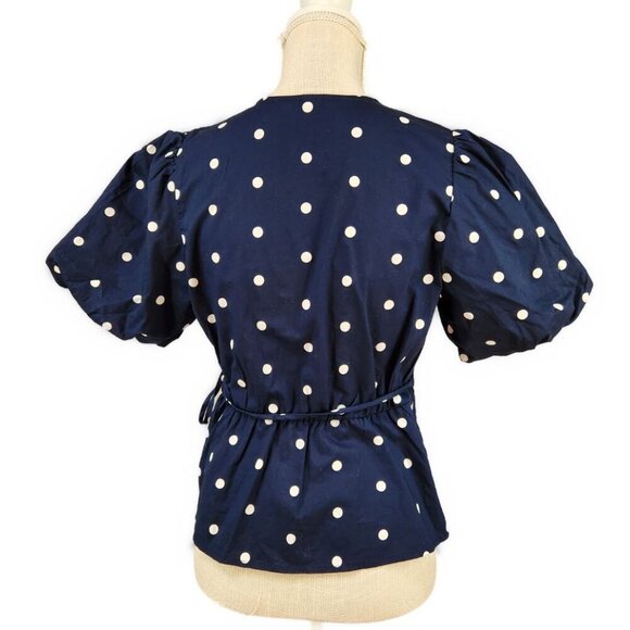 Old Navy Crossover Wrap Top Size M Navy Blue Polka Dot Puff Sleeves Shirt  NWT - Picture 2 of 7